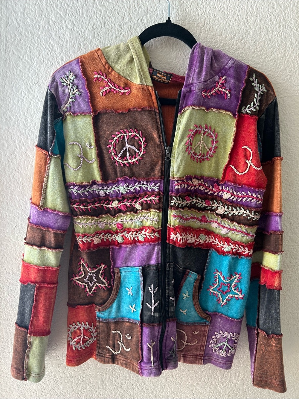 Rising international patchwork hippie zip up jacket